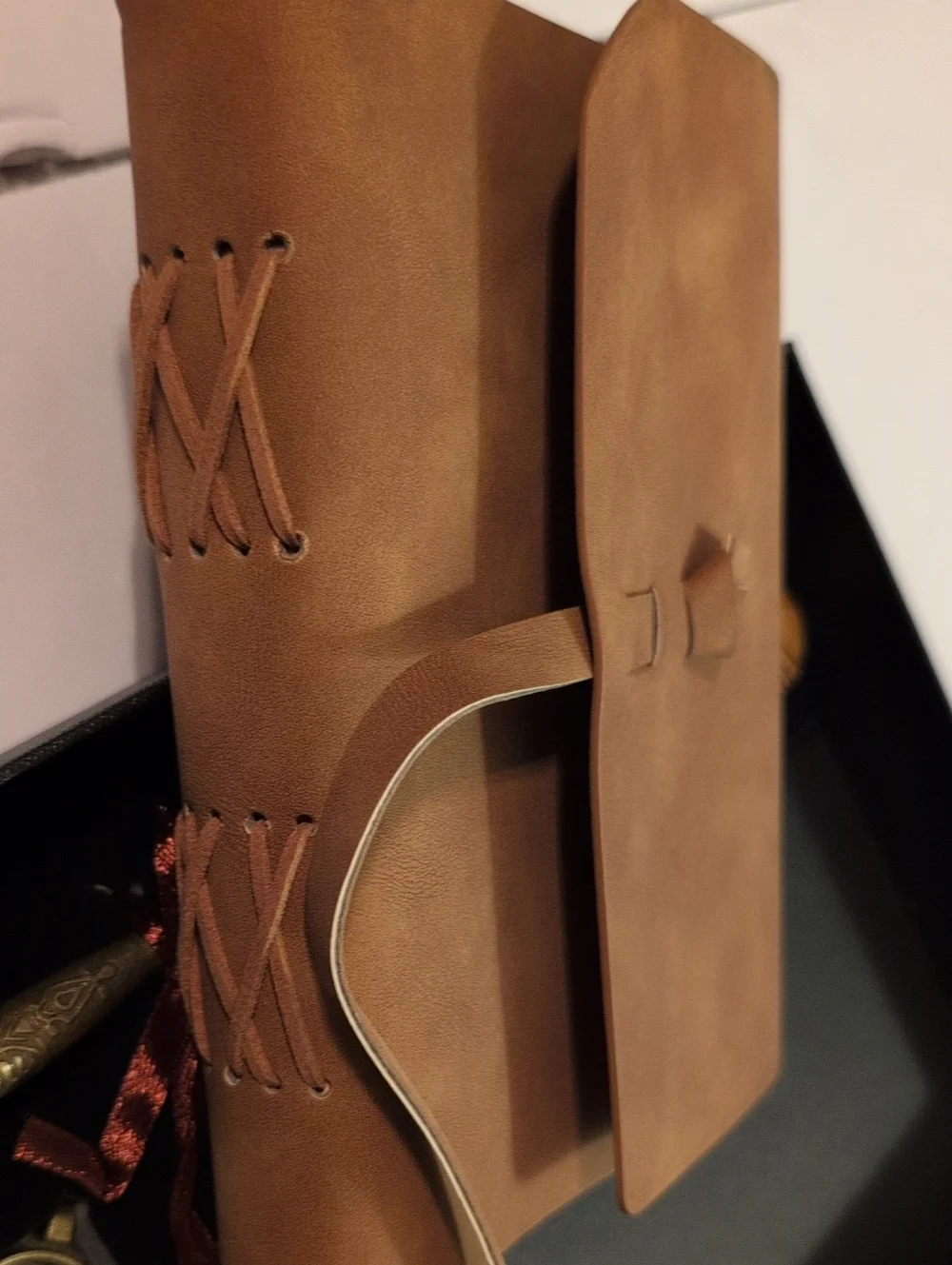 Leather Wrap Journal Notebook Feather Pen Tips Inkwell Box Set- Tan